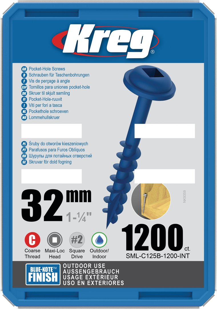 Kreg medsraigčiai Blue-Kote™ Pocket-Hole Screws - 32mm / 1.25", #8 Coarse-Thread, Maxi-Loc™, 1200 vnt. SML-C125B-1200-INT