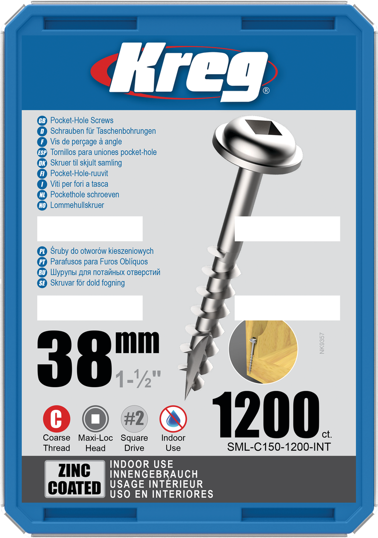 Kreg medsraigčiai Zinc Pocket-Hole Screws - 38mm / 1.50", #8 Coarse-Thread, Maxi-Loc™, 1200 vnt. SML-C150-1200-INT