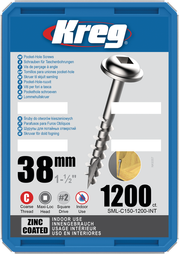 Kreg medsraigčiai Zinc Pocket-Hole Screws - 38mm / 1.50", #8 Coarse-Thread, Maxi-Loc™, 1200 vnt. SML-C150-1200-INT