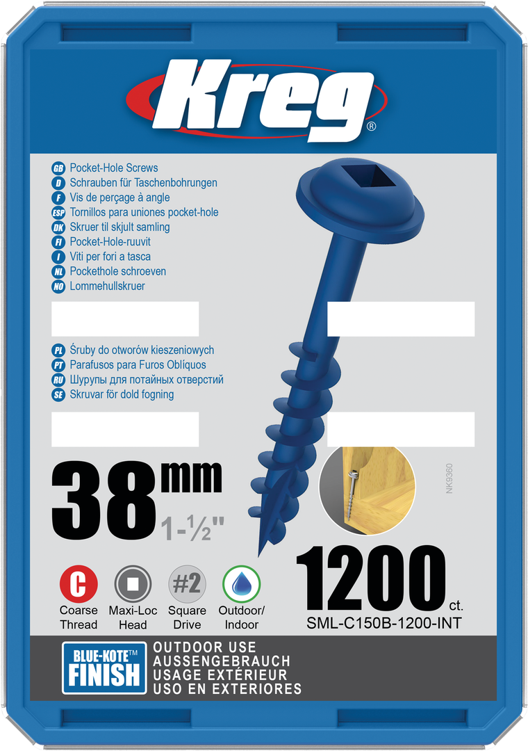 Kreg medsraigčiai Blue-Kote™ Pocket-Hole Screws - 38mm / 1.50", #8 Coarse-Thread, Maxi-Loc™, 1200 vnt. SML-C150B-1200-INT