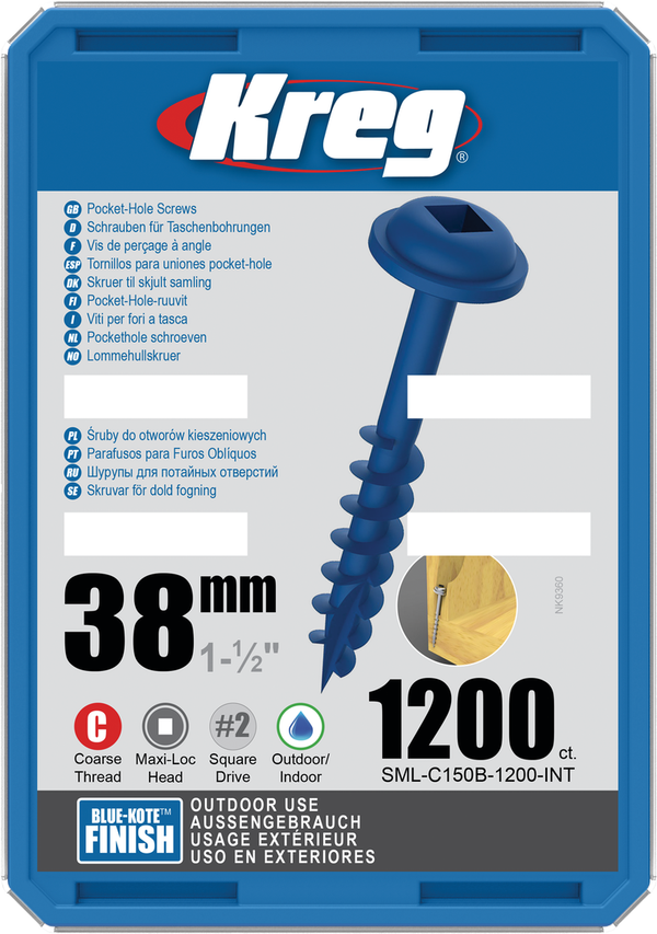 Kreg medsraigčiai Blue-Kote™ Pocket-Hole Screws - 38mm / 1.50", #8 Coarse-Thread, Maxi-Loc™, 1200 vnt. SML-C150B-1200-INT
