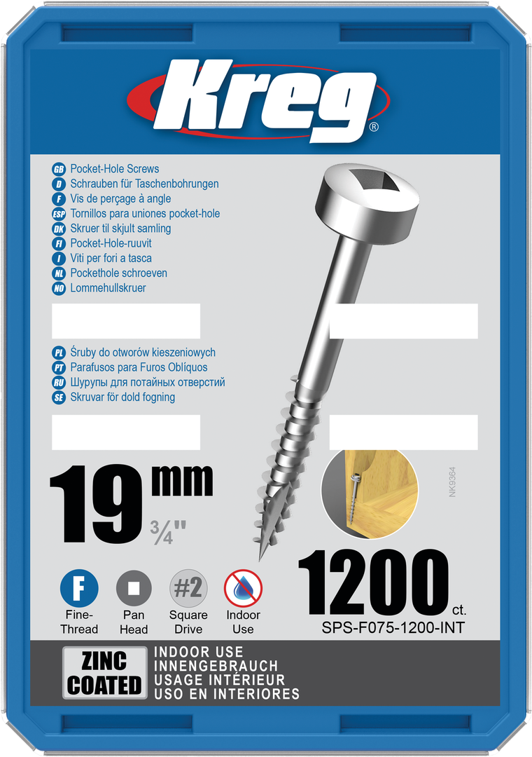 Kreg medsraigčiai Zinc Pocket-Hole Screws - 19mm / 0.75", #6 Fine-Thread, Pan Head, 1200 vnt. SPS-F075-1200-INT