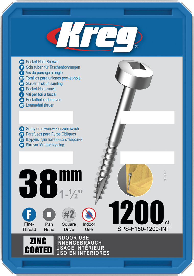 Kreg medsraigčiai Zinc Pocket-Hole Screws - 38mm / 1.50", #6 Fine-Thread, Pan Head, 1200 vnt. SPS-F150-1200-INT
