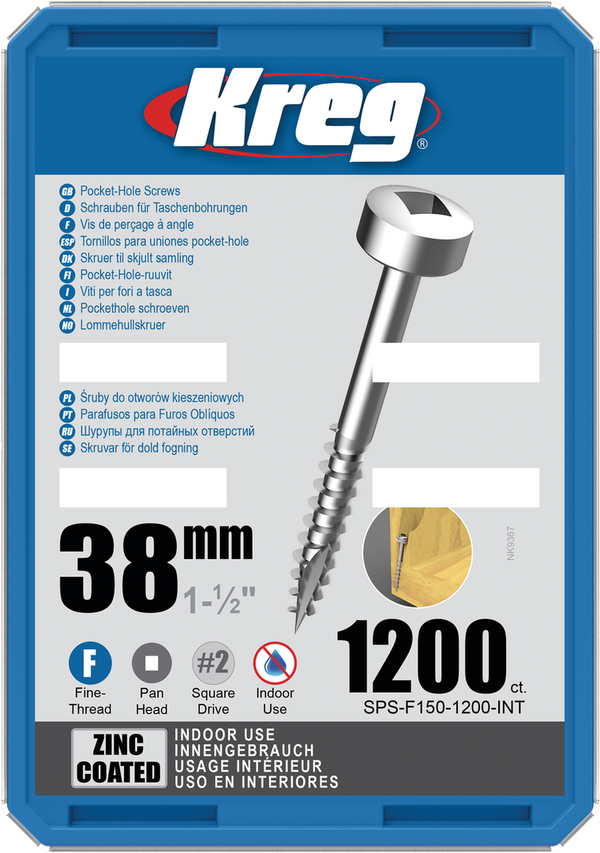 Kreg medsraigčiai Zinc Pocket-Hole Screws - 38mm / 1.50", #6 Fine-Thread, Pan Head, 1200 vnt. SPS-F150-1200-INT