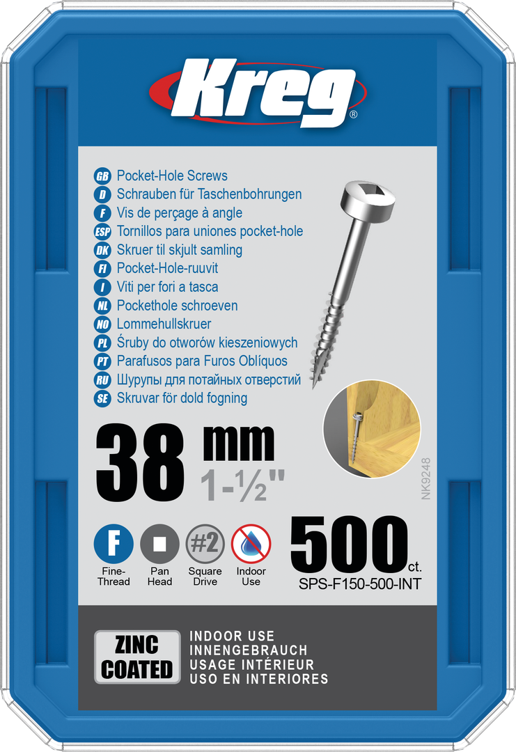 Kreg medsraigčiai Zinc Pocket-Hole Screws - 38mm / 1.50", #6 Fine-Thread, Pan Head, 500 vnt. SPS-F150-500-INT